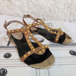 Paprika Studded Gold Flat Strap Sandal